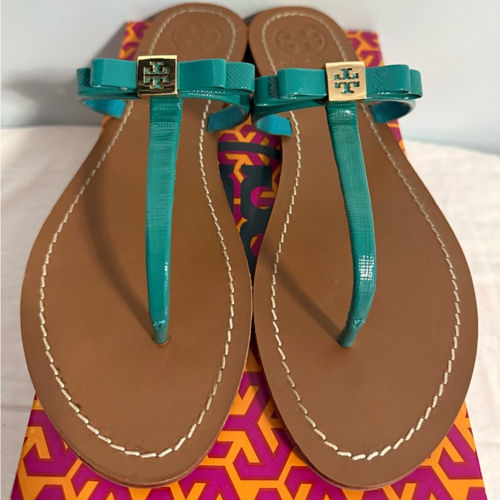 Tory Burch Teal Bow Thong Sandals with Gold Logo